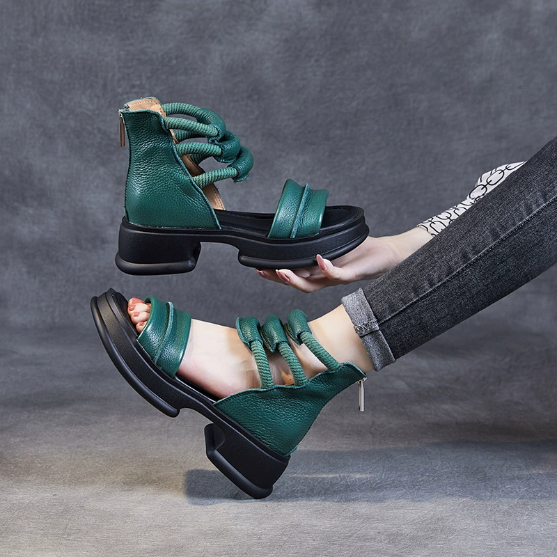 Summer leather sandals, high slide, slippers, beach footwear, 2023, cowhide