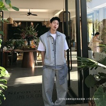 跨境Holocene美式潮牌夏季设计休闲痞帅百搭假两件时尚长裤搭配一