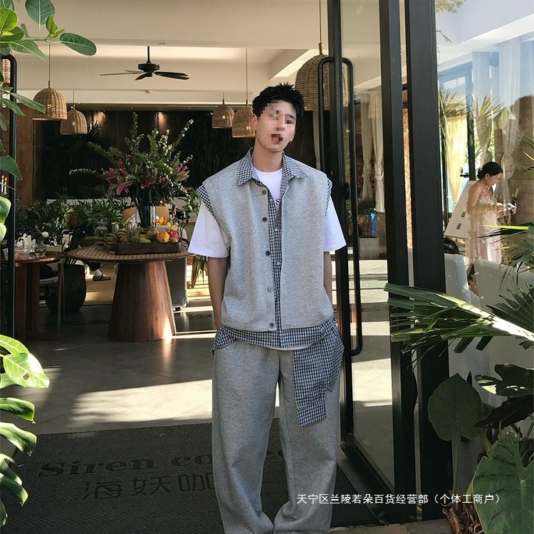 跨境Holocene美式潮牌夏季设计休闲痞帅百搭假两件时尚长裤搭配一