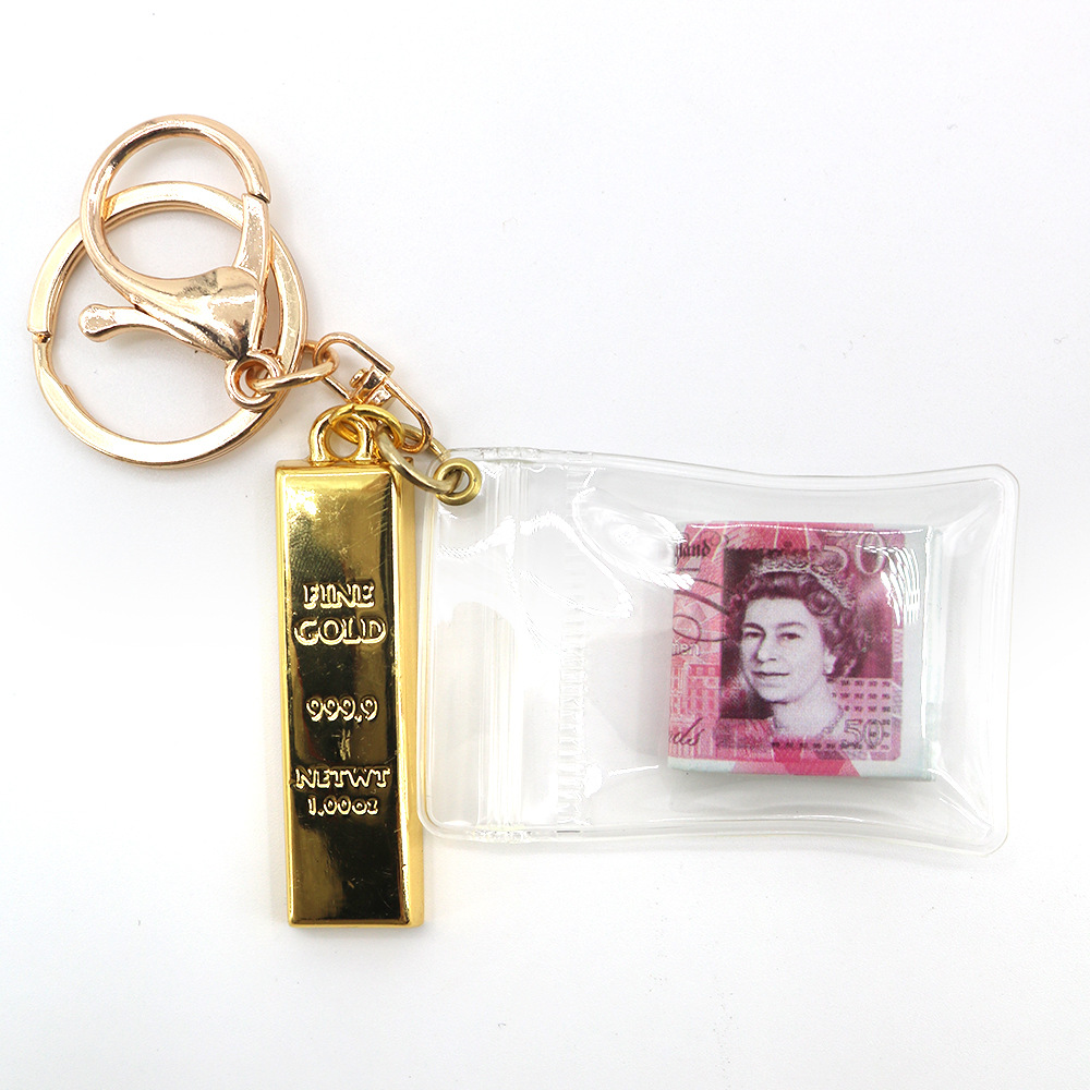 Simulación de dólar de Taiwán, dólar estadounidense, libra, won coreano, moneda indonesia, llavero, colgante de billetes de papel, medalla de oro, colgante de barra de oro, máquina de bebé