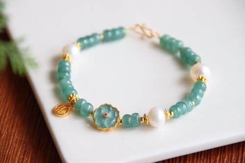 Natural A-Jadeite Blue Water Disk Bead Bracelet, Silver-Gold Plated Jadeite Butterfly and Small Flower Pearl Bracelet
