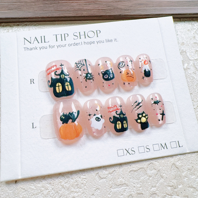 Cat's Eye Pumpkin Cat's Eye Hand-Painted Cartoon Style Nail Art Creative Design High-End Wearable Nails High-Quality Nail Pieces Wholesale