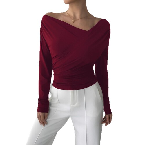 European and American cross-border 2025 autumn and winter new solid color fashion off-shoulder collar off-shoulder slim long sleeves versatile commuter top