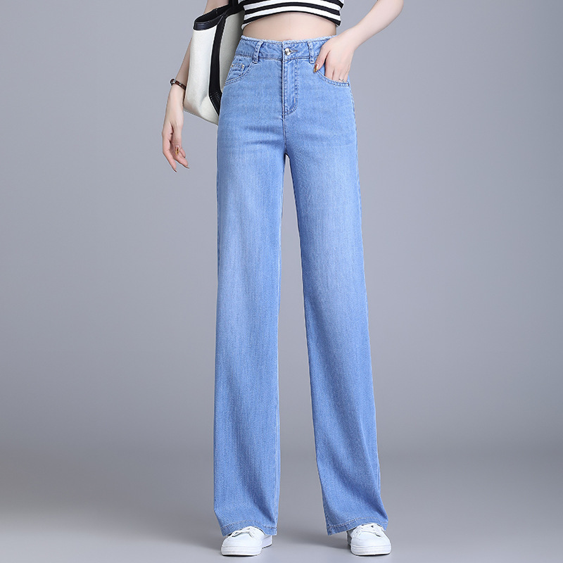 Brand 2025 Spring/Summer Tencel Straight-Leg Jeans for Women, High-Waisted, Loose, Narrow-Fit, Ice Silk Wide-Leg Pants, Light Blue, Thin Style Brand 2025 Spring/Summer Tencel Straight-Leg Jeans for Women, High-Waisted, Loose, Narrow-Fit, Ice Silk Wide-Leg Pants, Light Blue, Thin Style