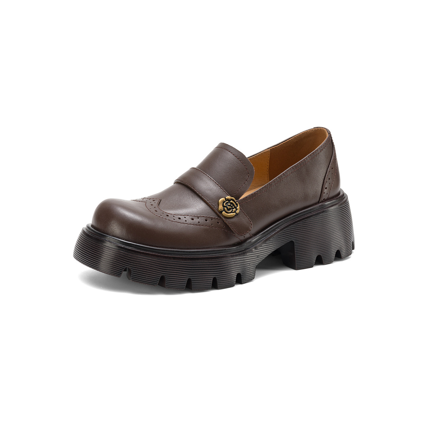 Giày loafer nữ đế xuồng phong cách Anh cổ điển, mũi tròn, gót cao nhỏ, họa tiết hoa sơn trà — màu nâu