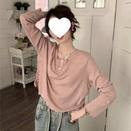 秋季新款试计感小心机抽绳长袖恤女宽松休闲短款别致外穿上衣