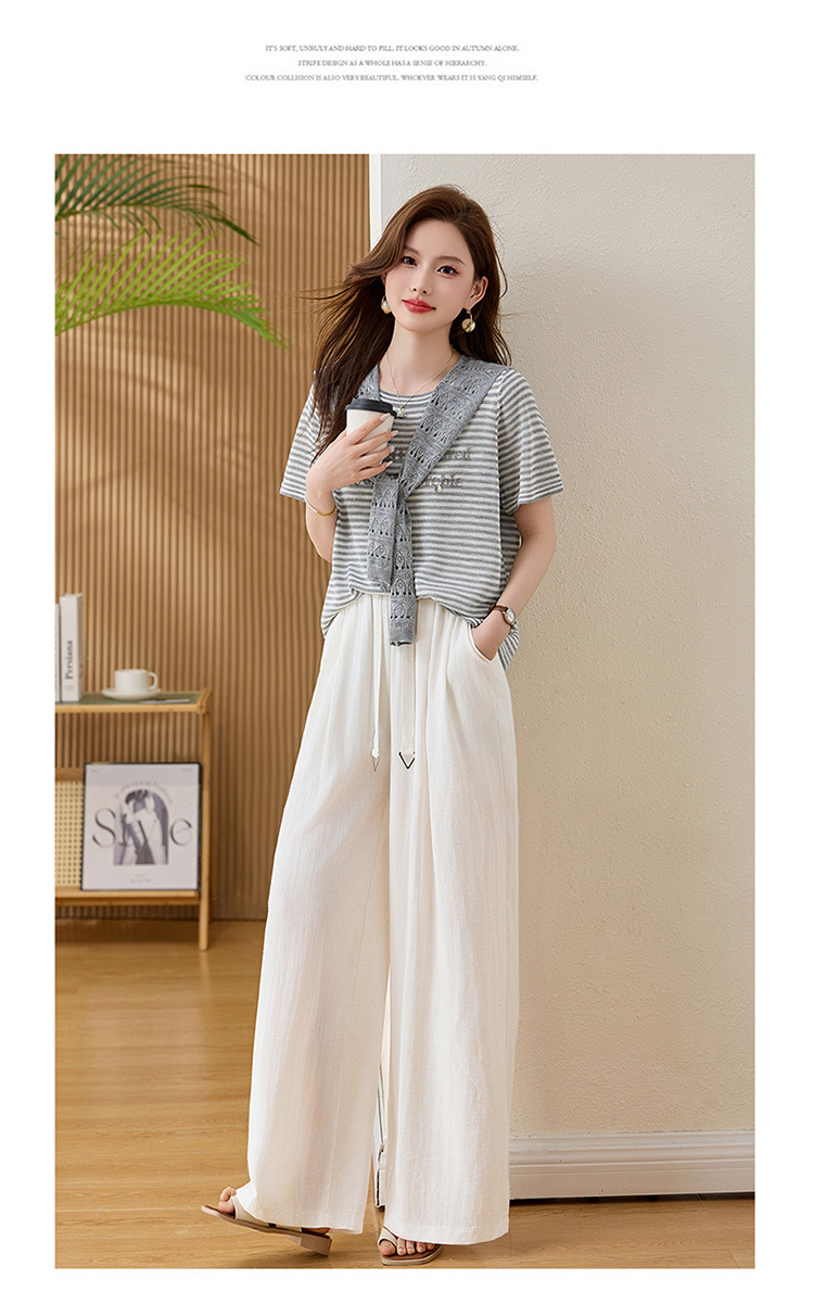 Bộ quần áo hai mảnh sọc kẻ thiết kế khăn choàng phối quần ống đứng thời trang — màu đen, màu trắng ngà chi tiết 17