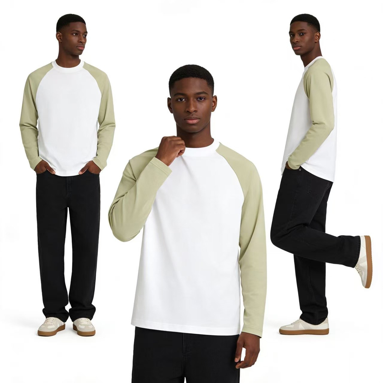 Men's Colour Block Raglan Long Sleeve T-shirt Loose Fit Casual_voghion.com