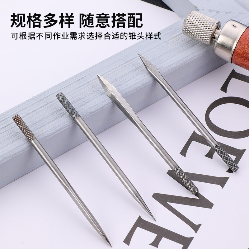 Cono de diamante cuatro en uno Cono de madera de cuero Función de punzón de cono cosido a mano Mango de madera Cono Herramientas de tallado de cuero Mango de madera