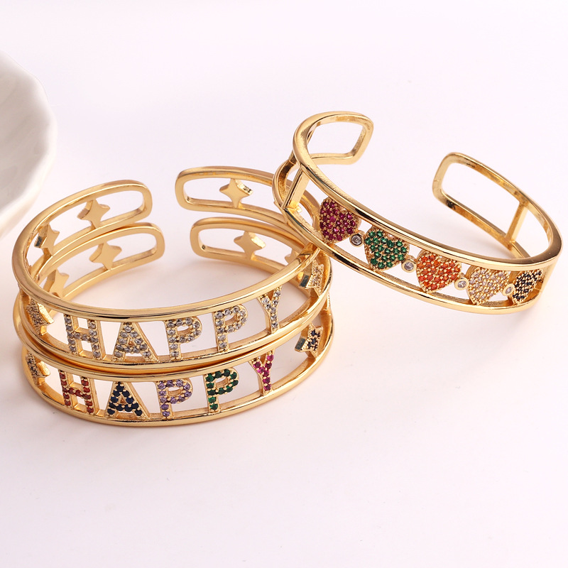 Retro Letter Heart Shape Copper Inlay Zircon Bangle