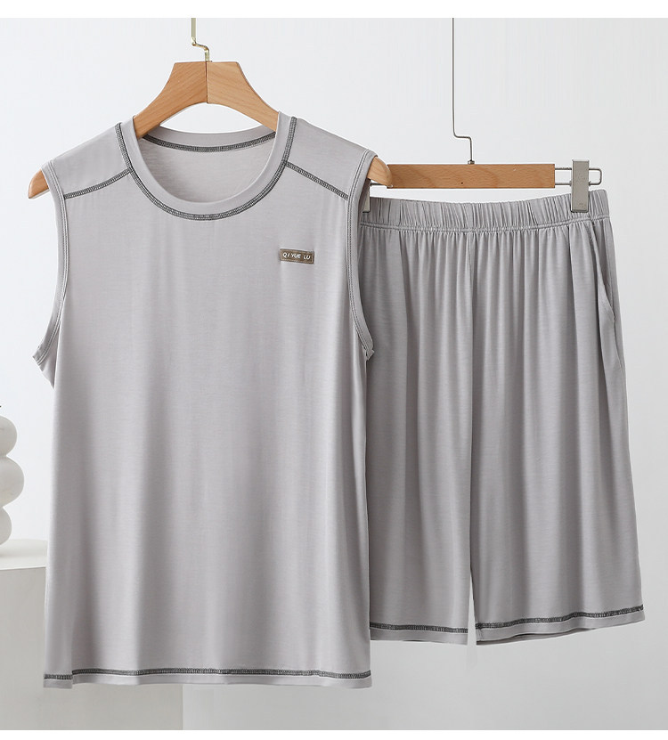 Herr modal linne set ärmlös tvådelad sommarpyjamas för män_voghion.com