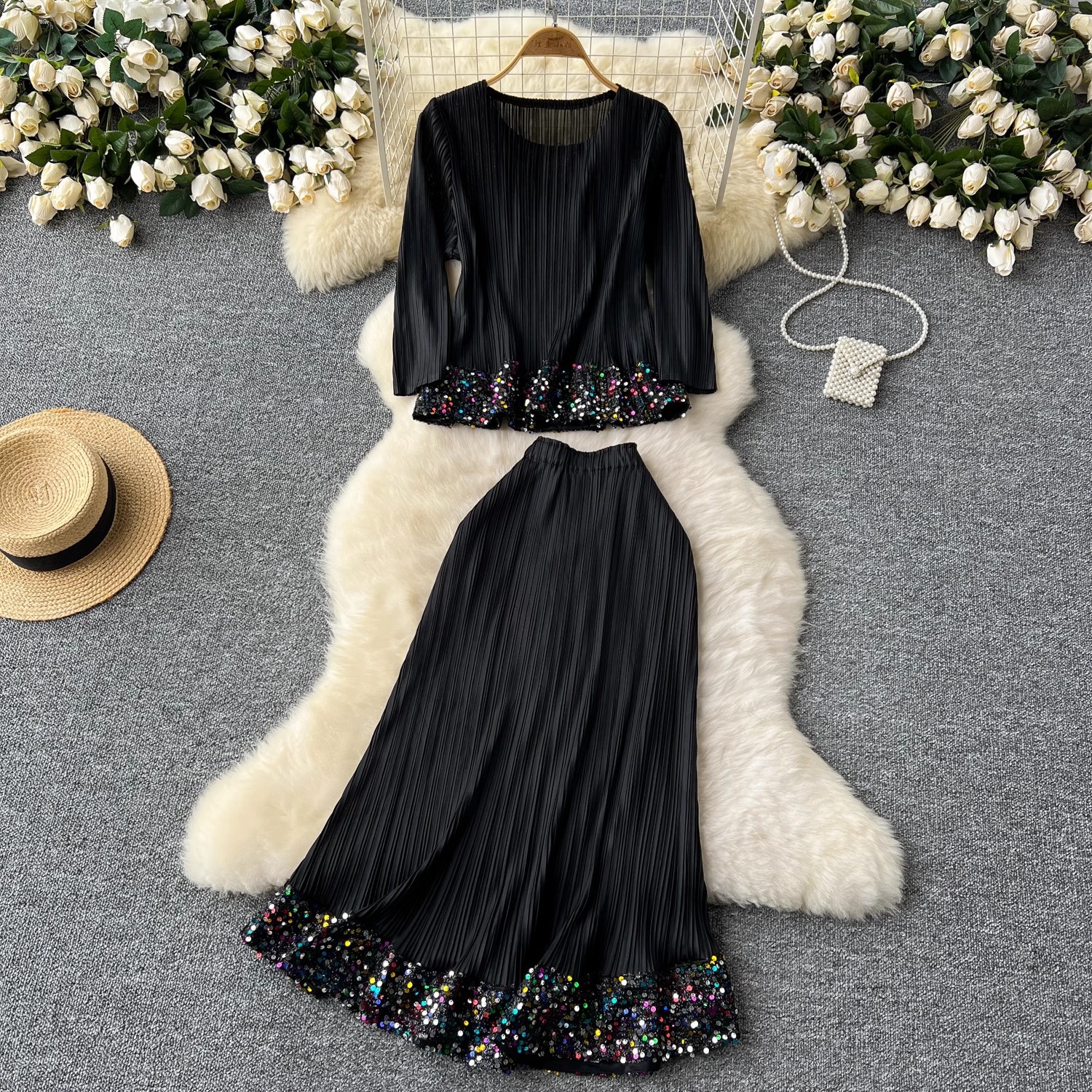 Women's high end stylish round neck three quarter sleeve sequin embroidered pleated top + high waist drape skirt suit_voghion.com