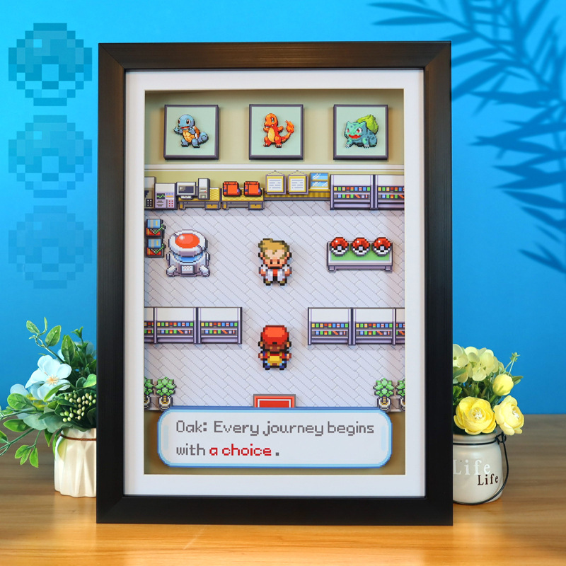 GBA宝可梦口袋妖怪立体画火红叶绿大木博士研究所游戏场景装饰画