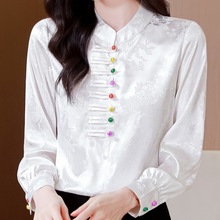 新中式国风彩色盘扣长袖t恤女2025秋装半高领打底衫浮雕提花上衣