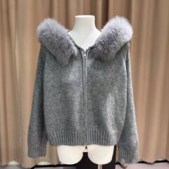 实拍2025连帽大毛领毛衣女狐狸毛新款时尚百搭针织衫加厚上衣外套