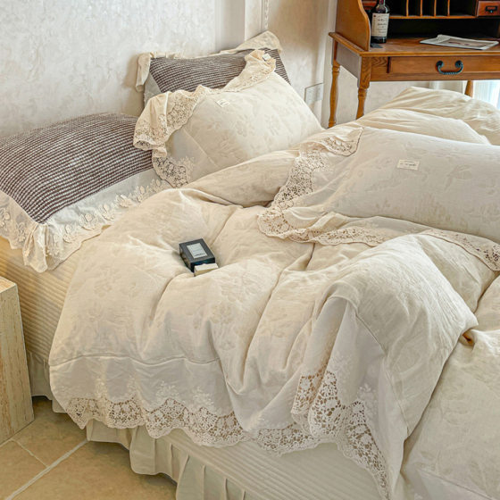 French Style Beautiful Cotton and Linen Four-piece Set Moisture Absorption and Sweat-wicking Lace Quilt Cover Princess Style Bedroom All-match Bedding Bed Cover