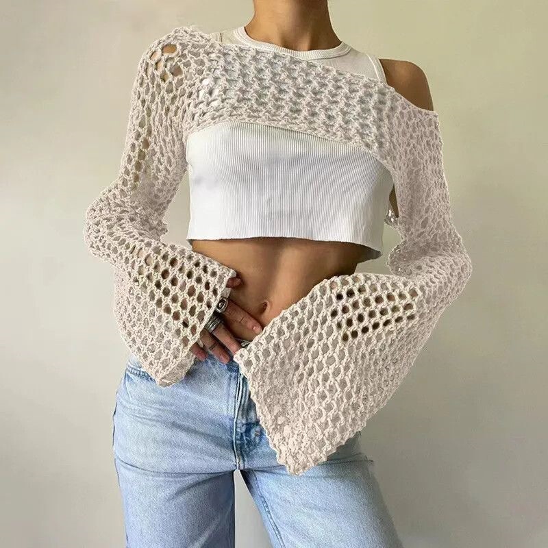 European and American Style Long-Sleeve American-Style Spicy Girl Design Ultra-Short Slim-Fit Top with Mesh Loose Hollow-Out Sun-Protective Knit Cover-Up