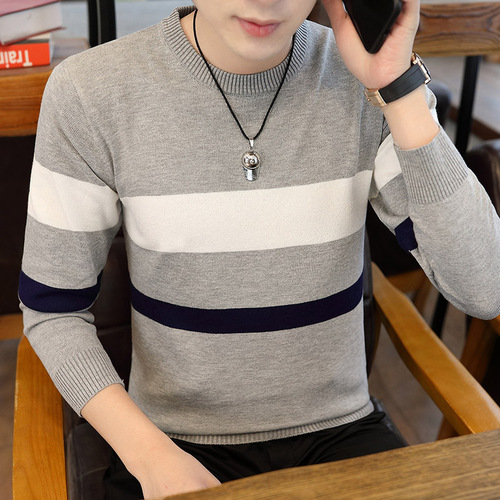 Men's Autumn Hooded Crew Neck Striped Color-blocked Long Sleeve Knit Sweater for Youthful Men Casual Sweatshirt