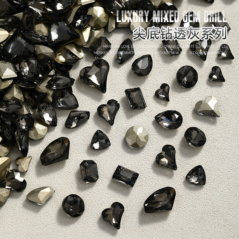 Transparent Black Pointed-Bottom Nail Art Rhinestone Jewelry, Sparkling Large and Small Long Right-Angle Fat Square Pigeon Egg-Shaped Nail Decoration Rhinestones