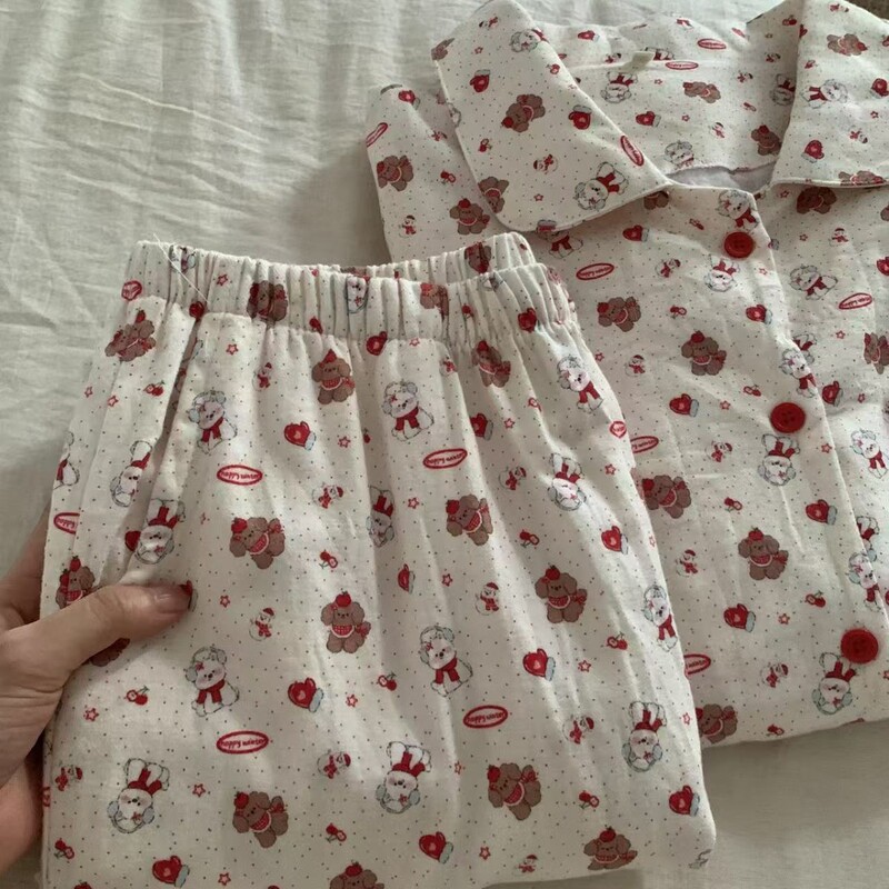 New! Red Apple Little Teddy Cotton Brushed Lapel Long Sleeve Pants Pajamas Women's Home Clothes Set Cute