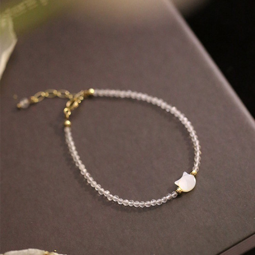 Face-cut White Crystal Shell Cat Bracelet for Women, Unique Design, Friend Bracelet, Sweet Feeling Mother-of-pearl Bracelet