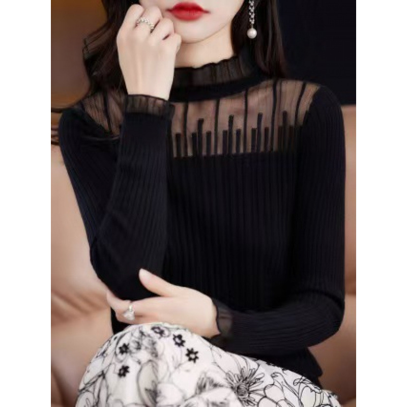 Half-Turtleneck Fine-Spun Wool Women's Sweater, New Spring Style, Stylish Lace Slim-Fit Inner Wear, Long-Sleeved Loose Knit Top