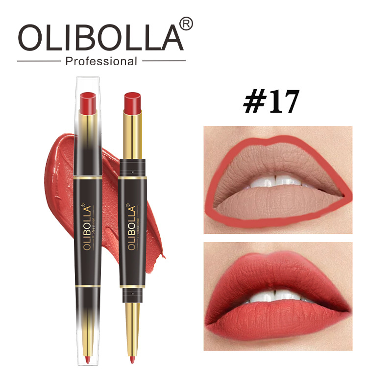 OLIBOLLA lápiz labial de doble cabeza delineador de labios 24 colores perlado color impermeable lápiz labial giratorio exclusivo transfronterizo