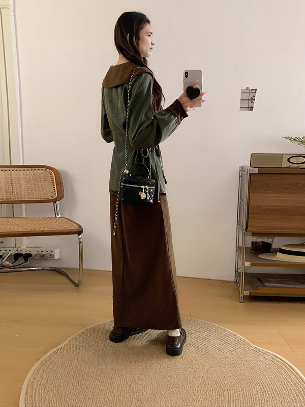 大码女装2025秋冬新款胖MM韩版气质牛仔拼接绑带上衣半身裙两件套|undefined