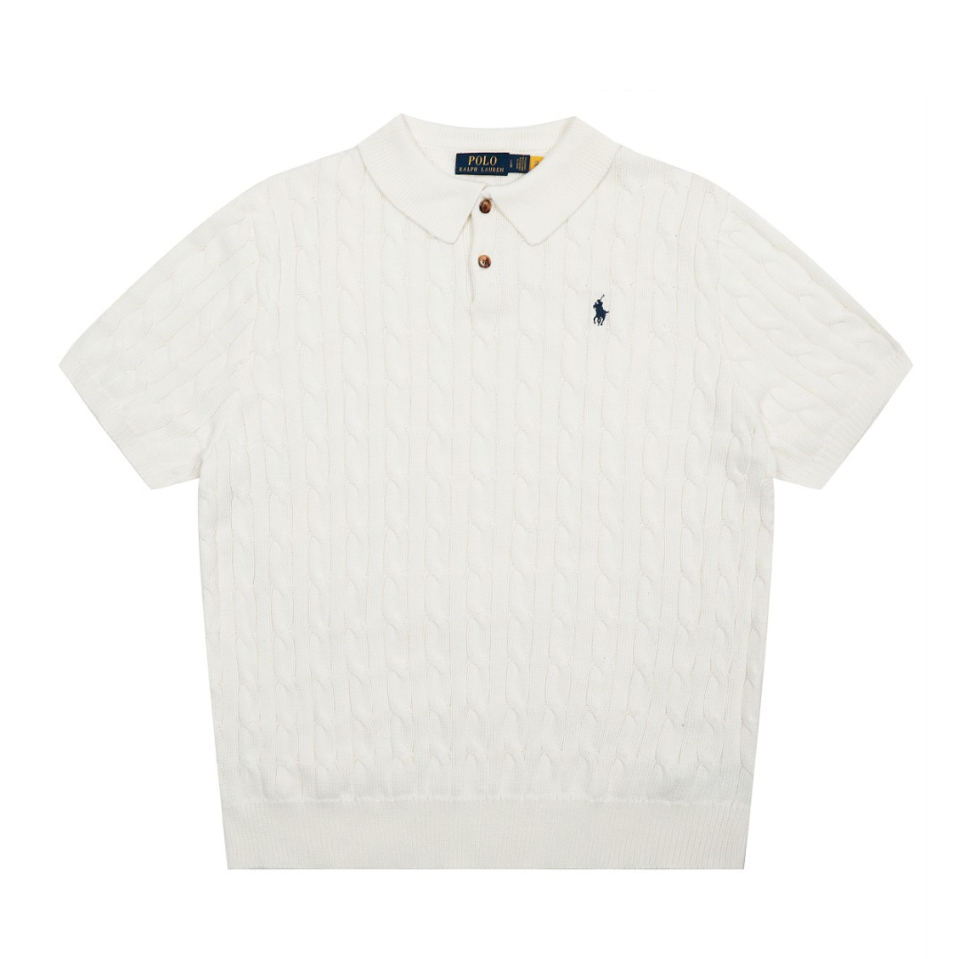 Rl Ralph Lauren Logo Embroidered Brown Two-Button Turn-Down Collar Cable Knit Polo Men's Short-Sleeve Shirt Pure Cotton Casual Top