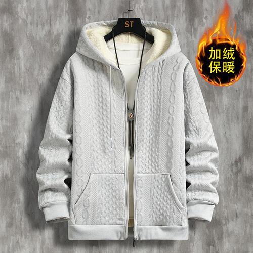 Winter Plush Fleece Thick Zipper Floral Silver Fox Fleece Men's Casual Crewneck Hooded Sweatshirt