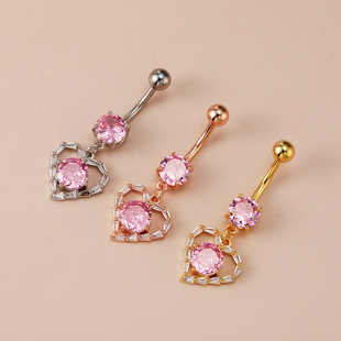in stock Hot Sale Human Body Piercing Jewelry Navel Ring Love Pink Diamond Navel Nail Heart Shape Fashion Personalized Navel Buckle