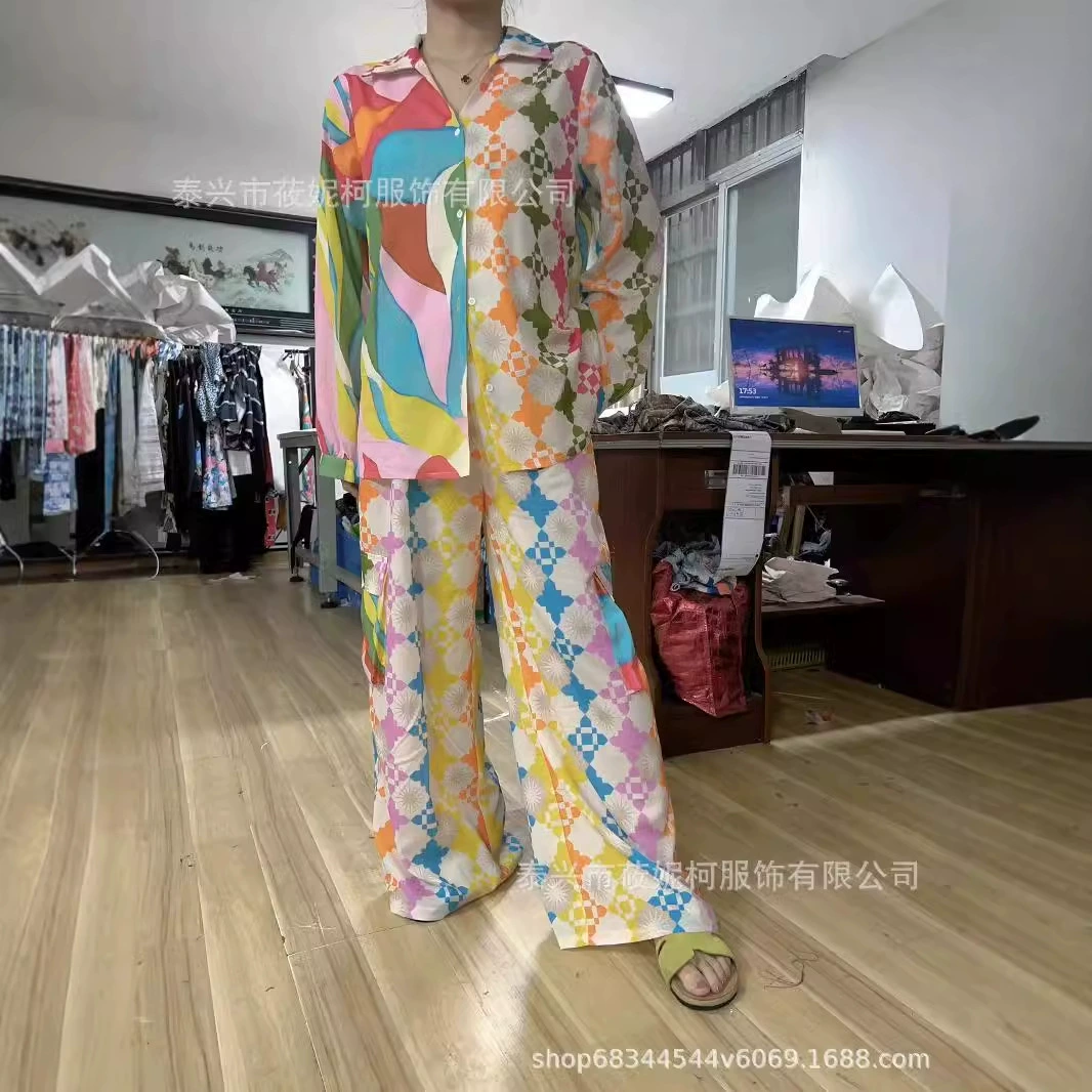 Европейская и американская внешняя торговля оптом 2024 летний новый женский принт рубашка с длинными рукавами свободные брюки костюм женский дикий
