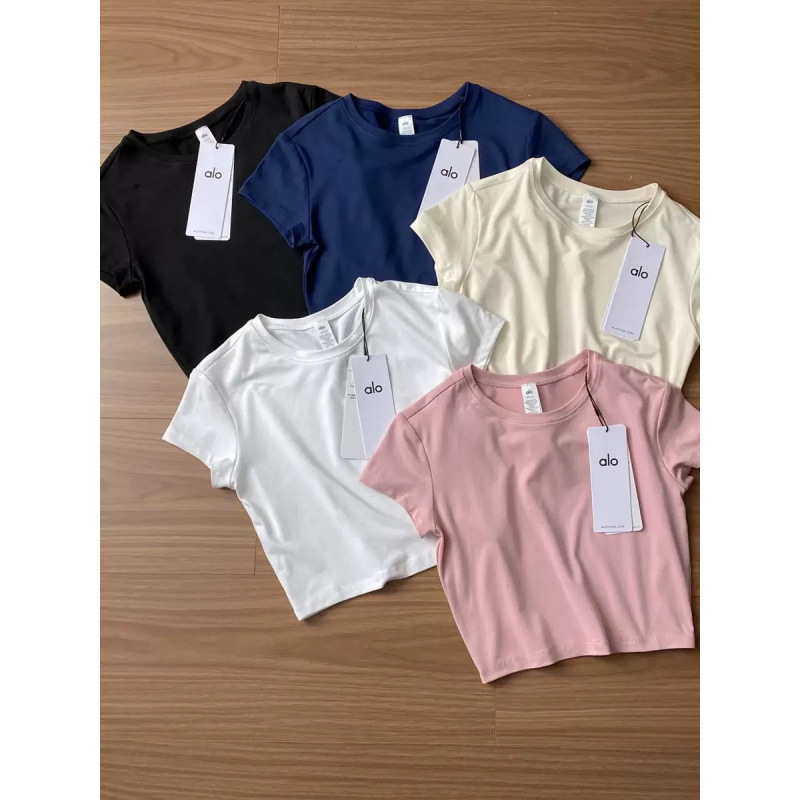 Original Authentic Alo Sports Training Yoga Regular Shoulder Short-Sleeve T-Shirt for Women, Summer Base Layer Short Top