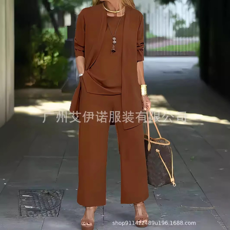 temu.卖现货纯色开叉圆领无袖背心上衣长袖开衫外套阔腿裤套装女|undefined