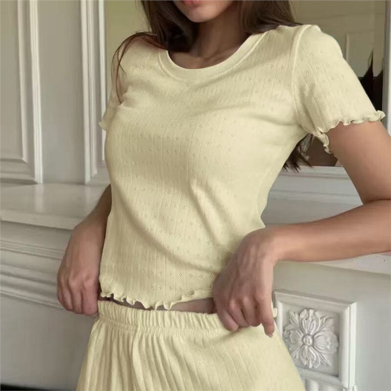 2026 European and American fashion casual set with jacquard ruffle trim, slim fit, elegant home wear, round neck, short sleeve, shorts two-piece set