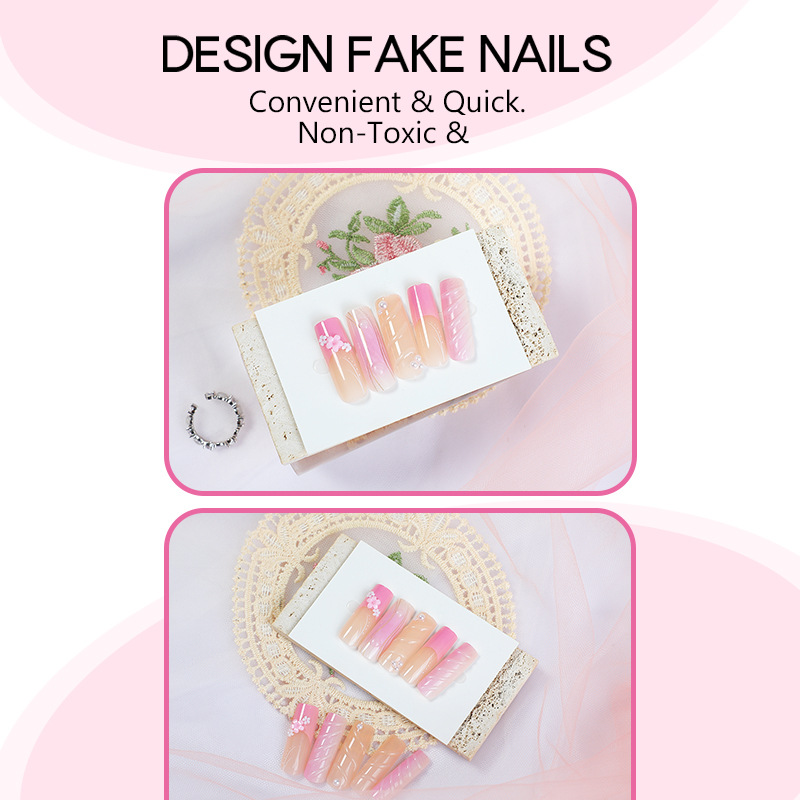 Description Picture 4 of item24Pcs Long Square Fake Nails with Glue 3D Water Drop Curves Press on Nails Wearable French False Nails Full Cover Nails Tips