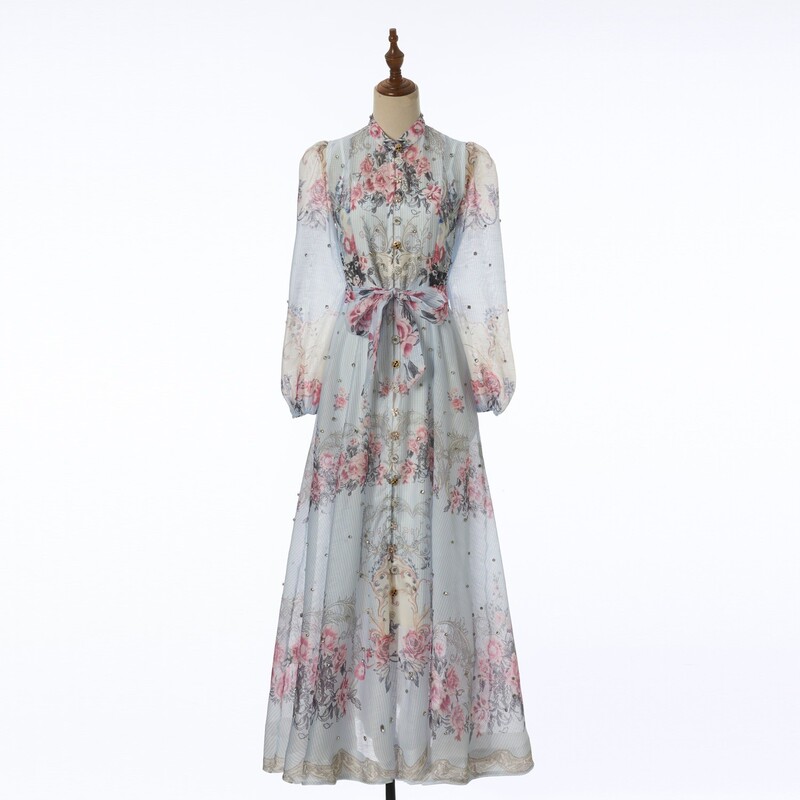 Z Brand Elegant Floral Diamond Long Skirt with Large Hem, Cross-Border Women's Summer Waist-Cinching Slimming Printed Dress Z Brand Elegant Floral Diamond Long Skirt with Large Hem, Cross-Border Women's Summer Waist-Cinching Slimming Printed Dress