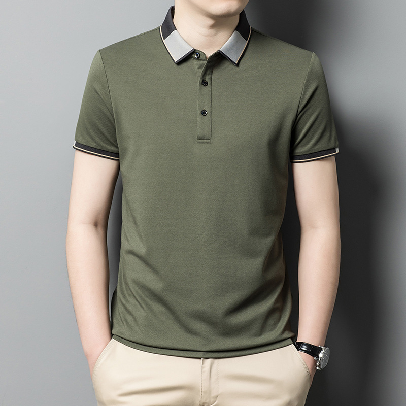 2025 summer new mulberry silk cotton T-shirt men's polo shirt fashion lapel solid color led T-shirt men