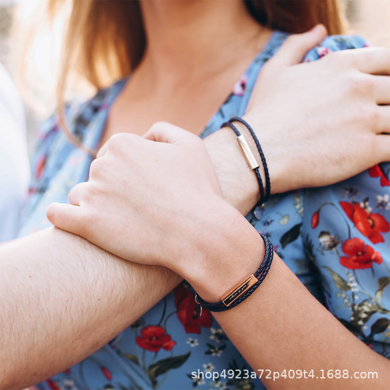 Stainless Steel Braided Leather Rope Couple Bracelets, a Pair of Support Engraving Chinese Valentine's Day Couple Bracelets, Double Circle Trendy Brand Bracelets Stainless Steel Braided Leather Rope Couple Bracelets, a Pair of Support Engraving Chinese Valentine's Day Couple Bracelets, Double Circle Trendy Brand Bracelets