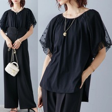 韩国大东门夏季设计感女棉圆点泡泡袖网纱棉T恤两穿不规则上衣