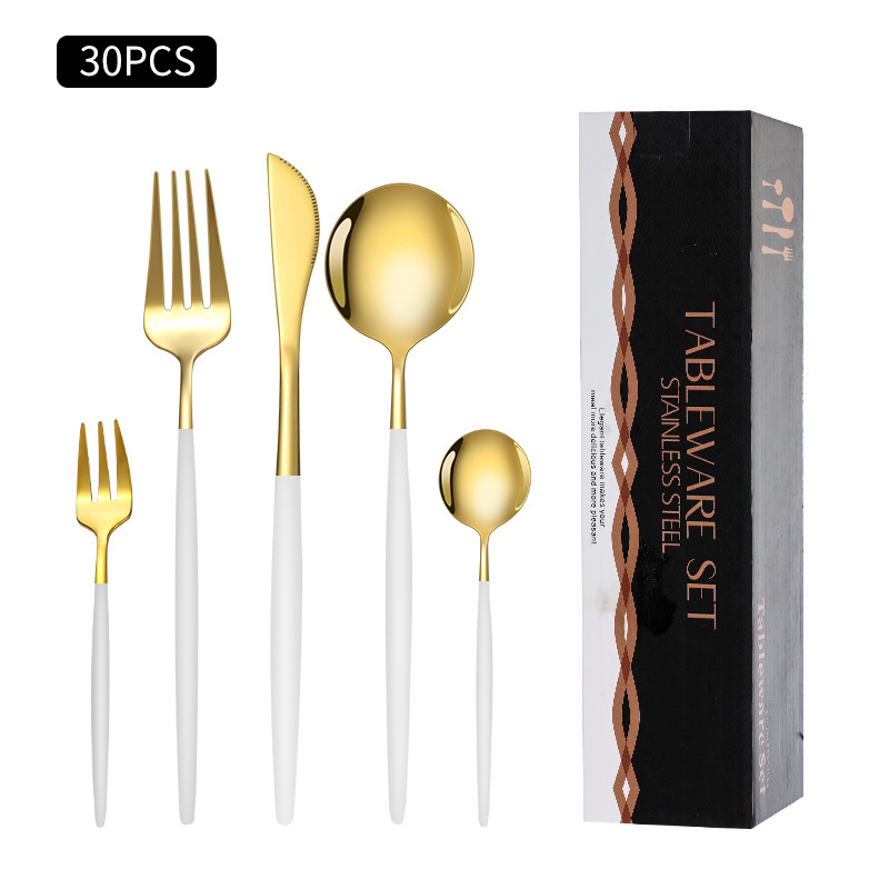 Cruz-Frontera de acero inoxidable vajilla portugués cuchillo y tenedor conjunto de 30 piezas de comida occidental cuchillo de filete de oro y cuchara de la caja de regalo