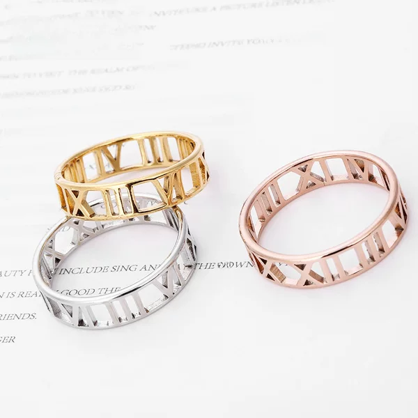 Cross-Border Jewelry Fashionable and Simple Stainless Steel Jewelry Laser Cutting Roman Numeral Titanium Steel Ring Available in Three Colors