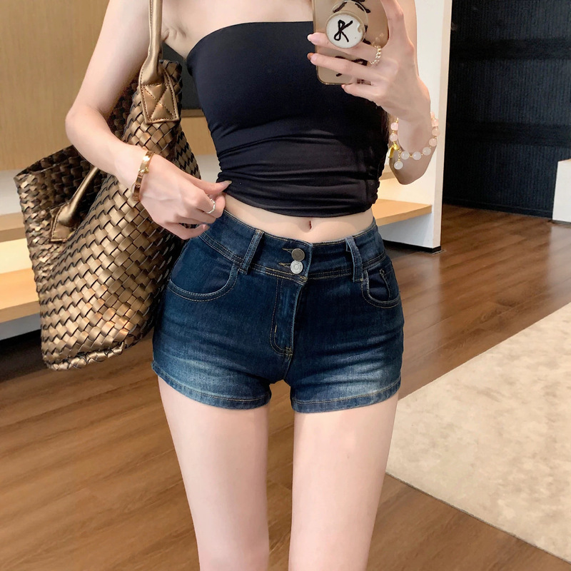 American Retro Dark Blue Low-Waist Denim Shorts for Women, Summer Denim Hot Girl Shorts, Tight-Fitting, Hip-Hugging, Slimming Hot Pants