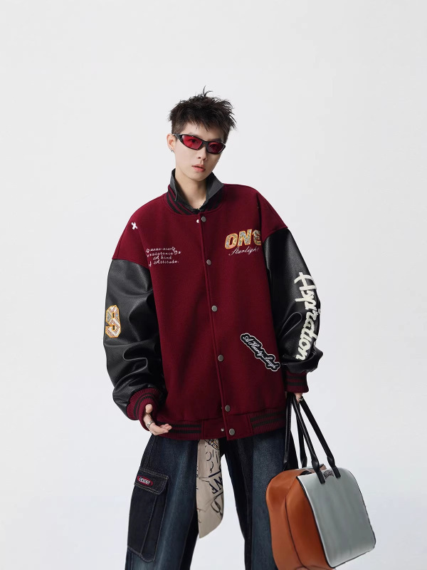 Cross-Border Plus-Size Drop-Shoulder Varsity Jacket for Men, 100% Wool Sleeve Varsity Jacket, Men's Embroidered Bomber Jacket