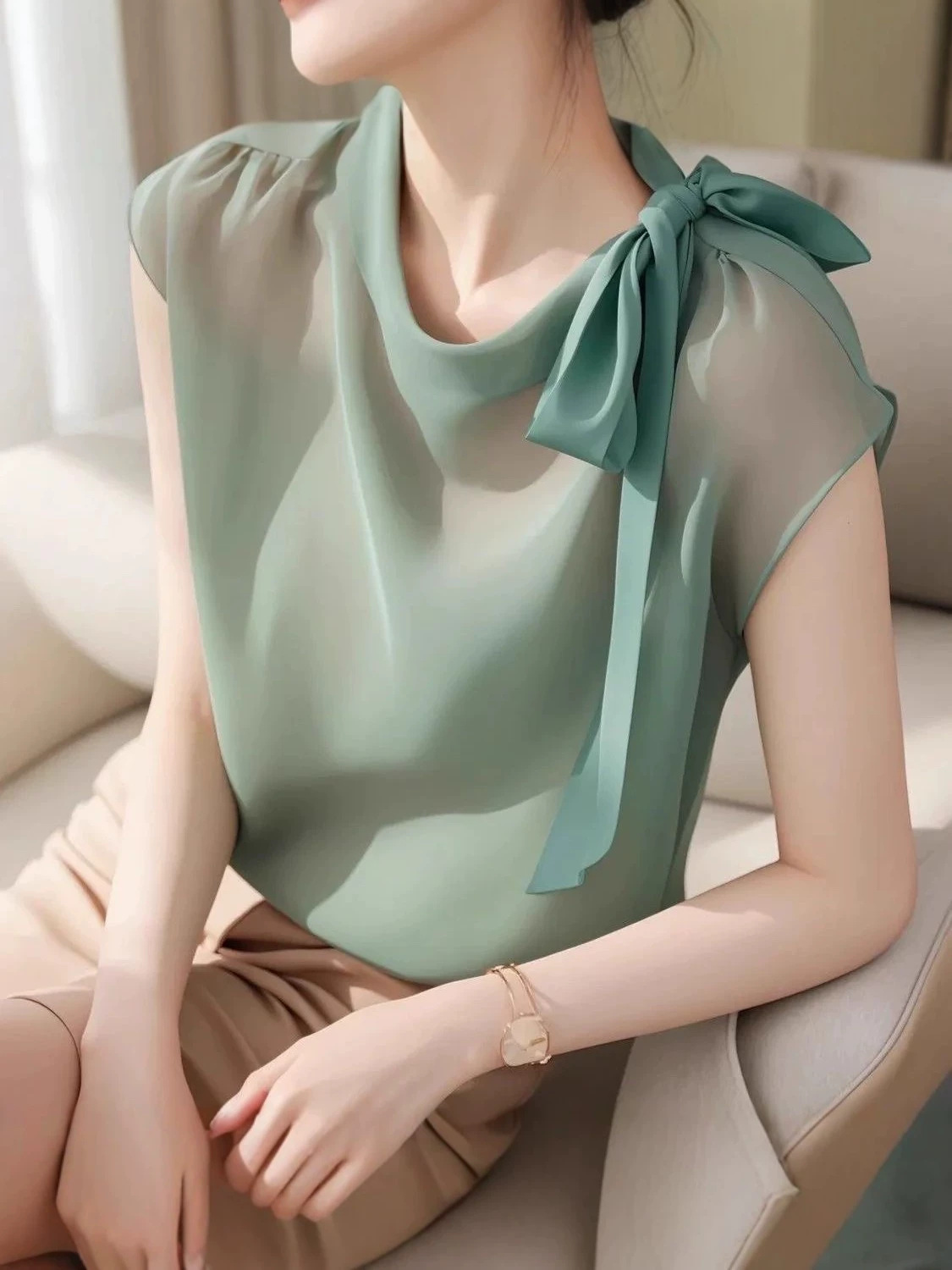 Áo sơ mi lụa nữ tay ngắn cổ nơ bướm kiểu Pháp — xanh lá cây