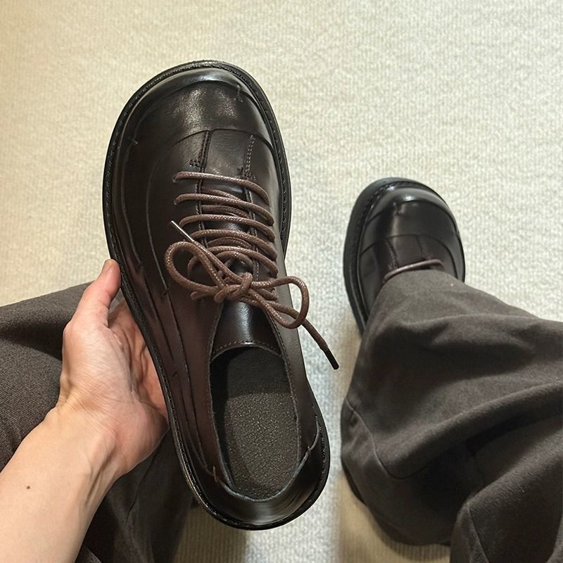 ShoeVault Chunky Toe Commuter Leather Thick Sole Korean Version Derby Shoes British Style Unisex Trendy Height Increasing Niche_voghion.com