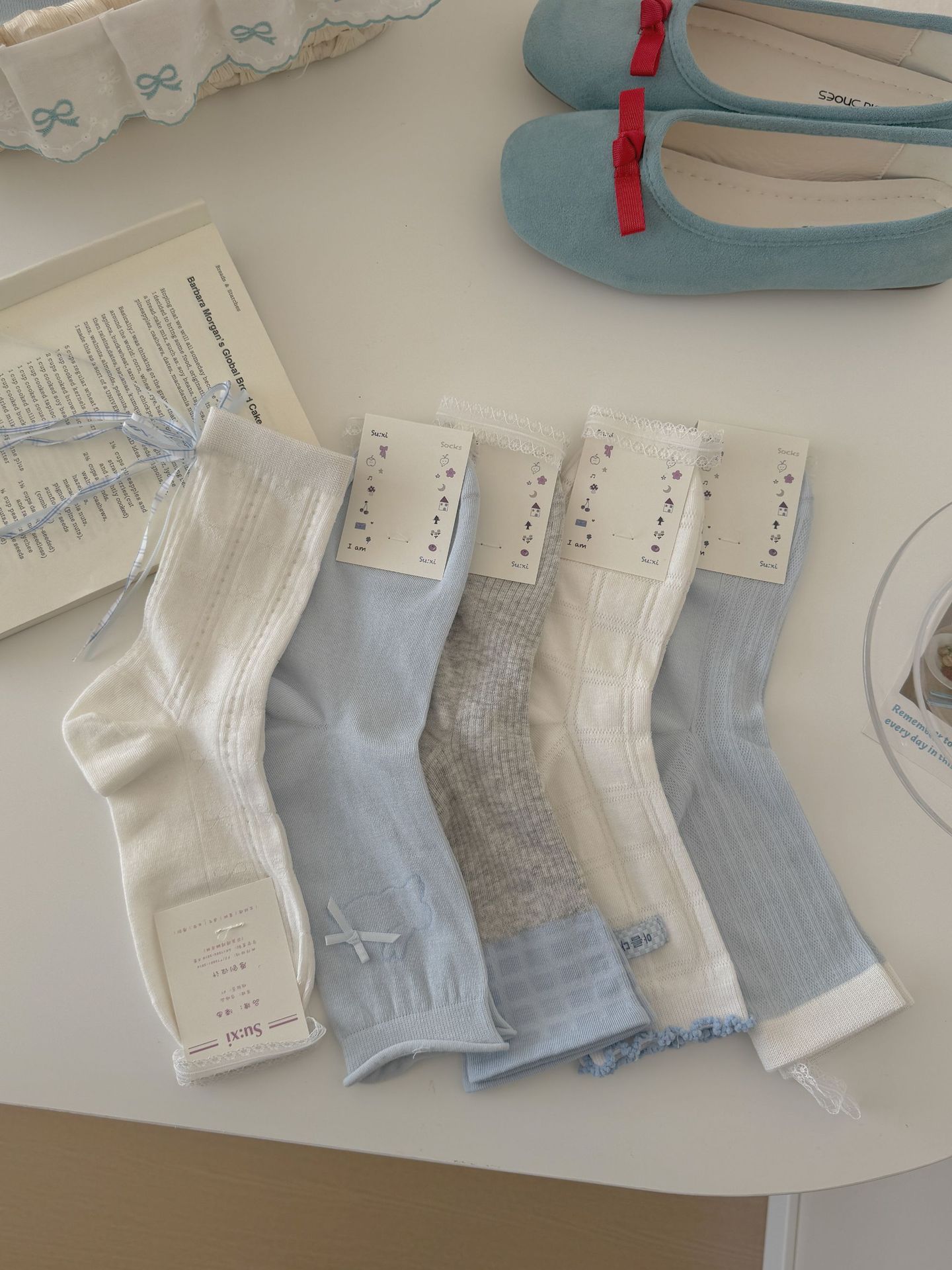 Soft Girl Pastel Cotton Lace & Ribbon Bow Crew Socks for Cute Everyday Wear Detail View 1