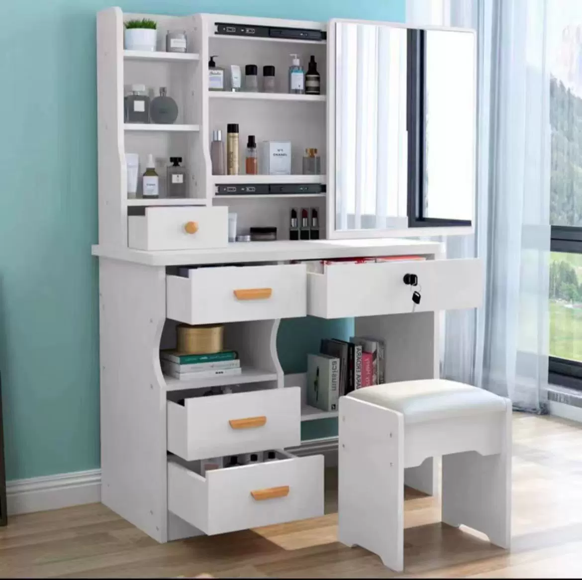 梳妆台dressing table新款外贸带灯卧室小户型简约化妆桌收纳一体