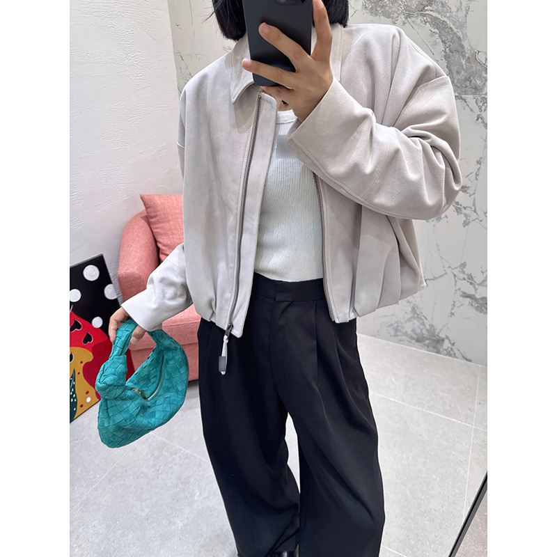 2025真皮女休闲宽松复古拉链翻领外套减龄随性百搭显瘦休闲简约|undefined