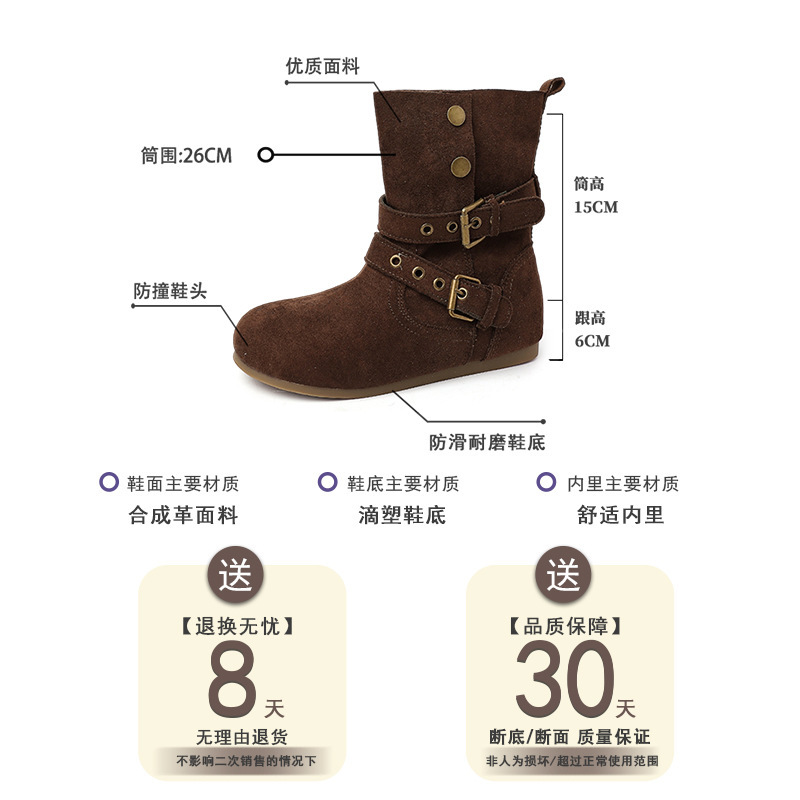 复古风欧美皮带扣圆头平跟短靴女2025秋冬新款舒适百搭时尚马丁靴|undefined